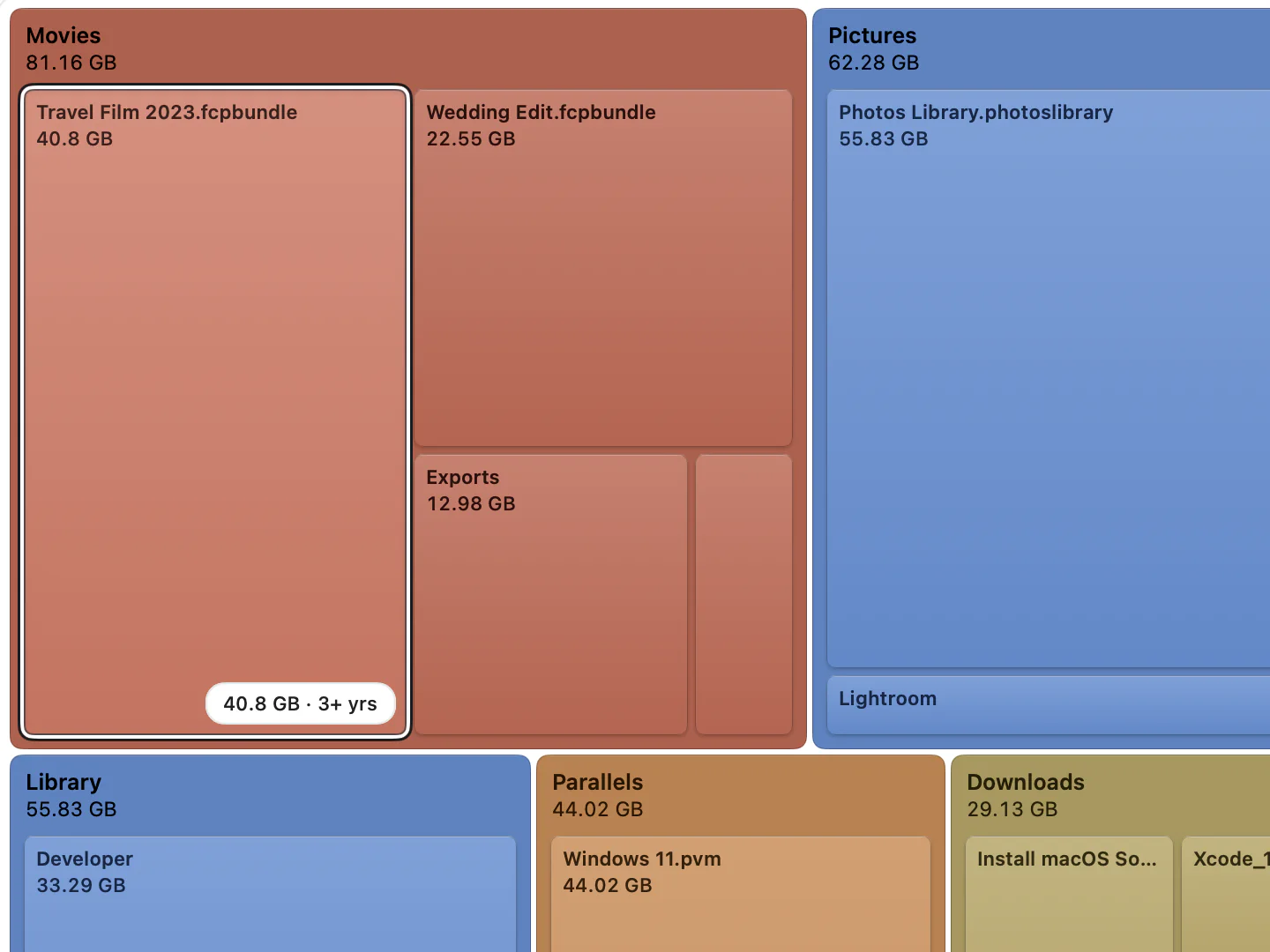 Close-up of Klarity’s age-coloured treemap: the Movies folder in red, untouched for over three years