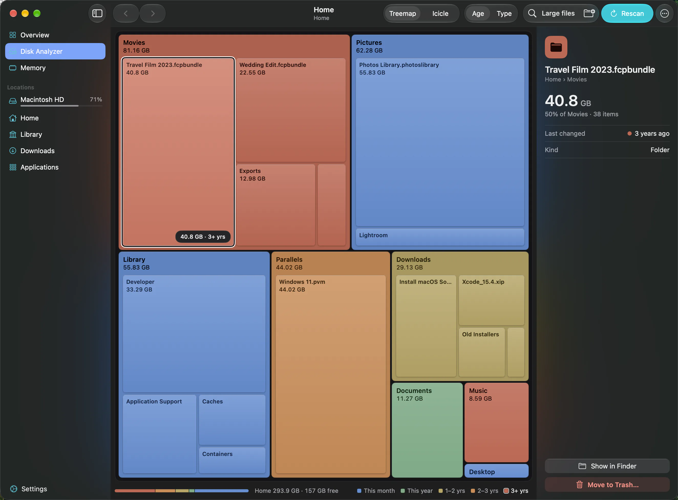 Klarity 1.3.1 in dark mode, showing the same age-coloured treemap of a home folder