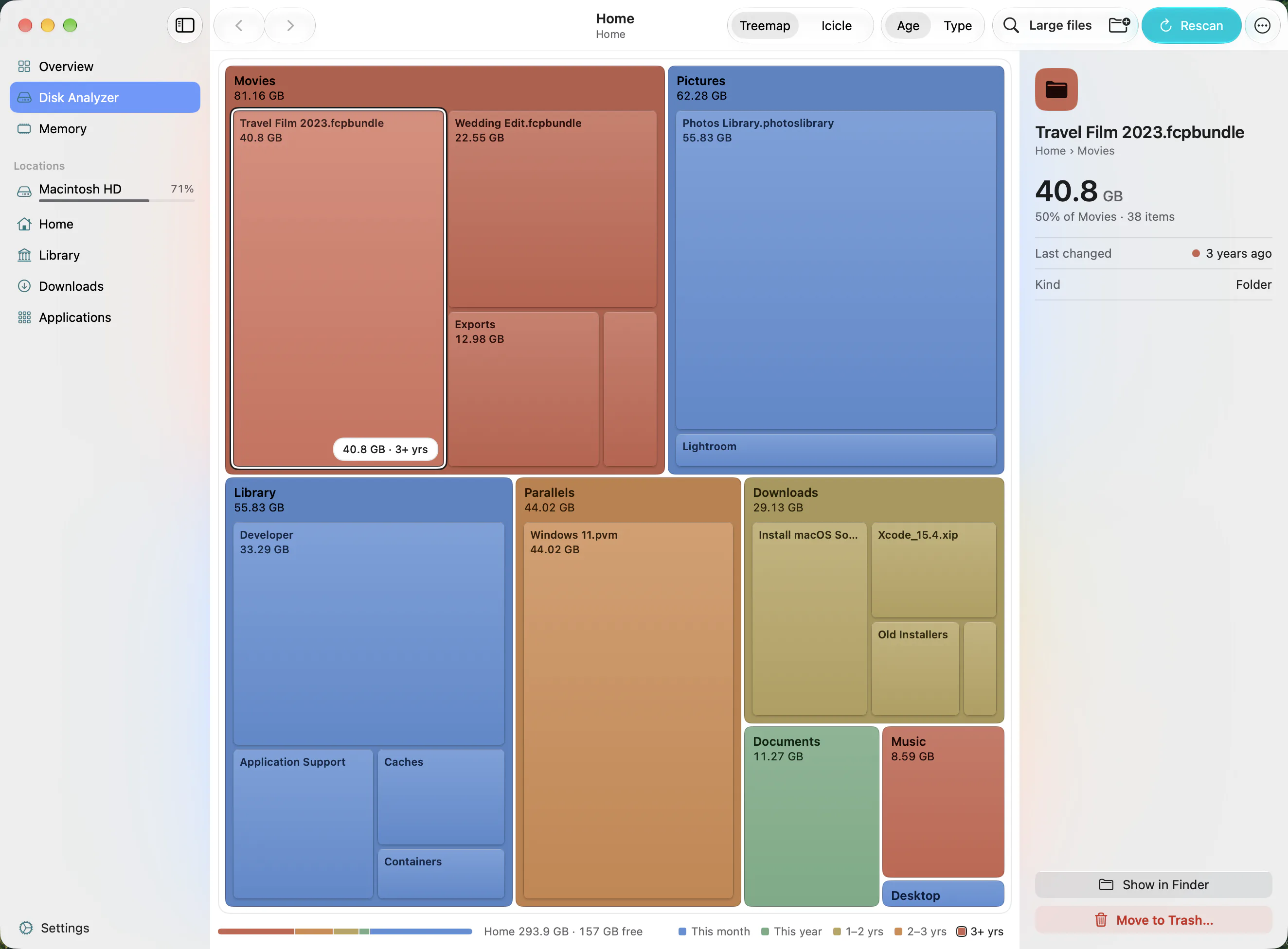 Klarity 1.3.1&rsquo;s treemap of a Mac home folder coloured by age: the biggest rectangles show where the space has gone, red for folders untouched in over three years