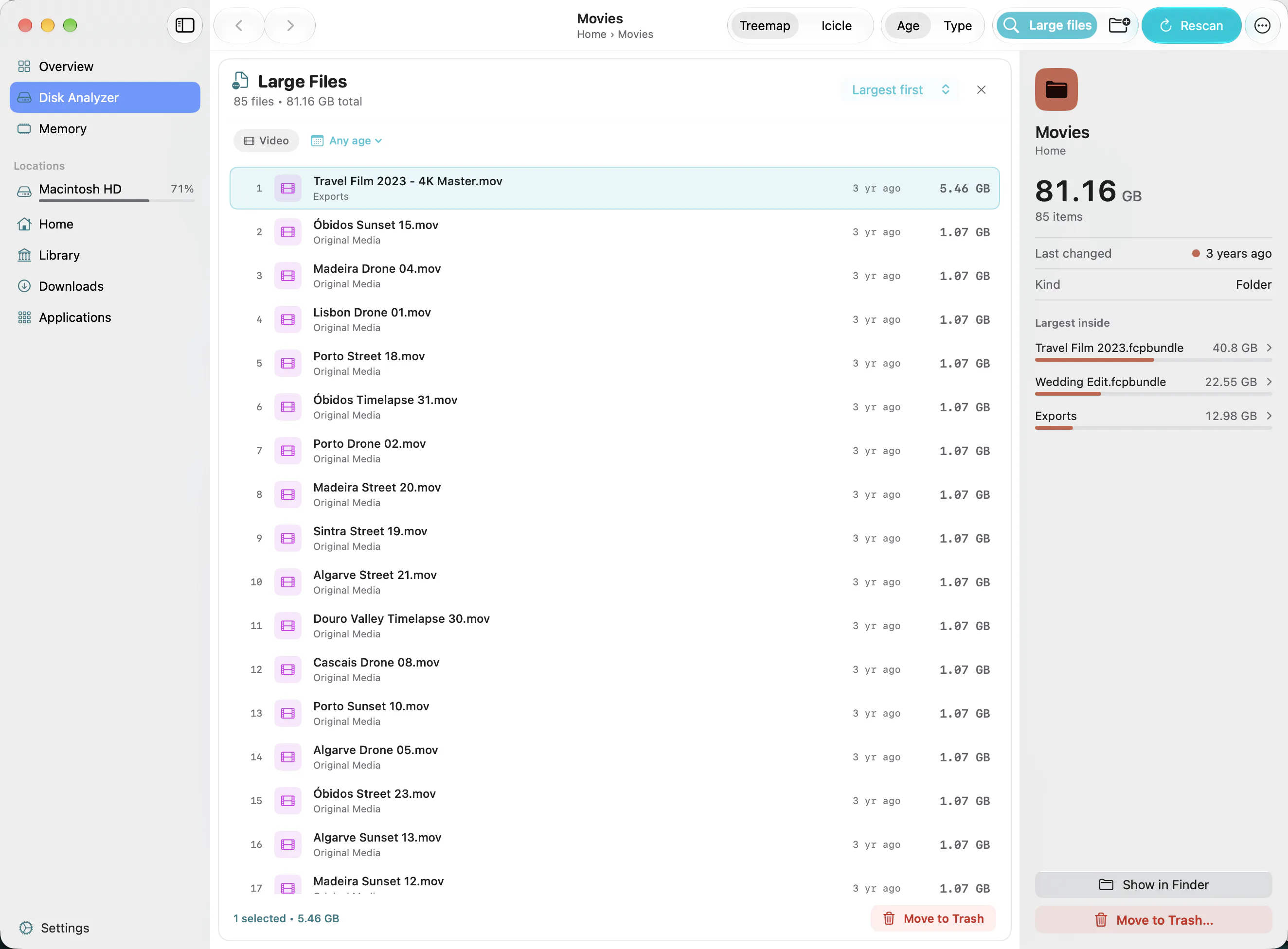 Klarity’s Large Files list sorted by size, each file showing how long since it changed, with a 5.46 GB video selected