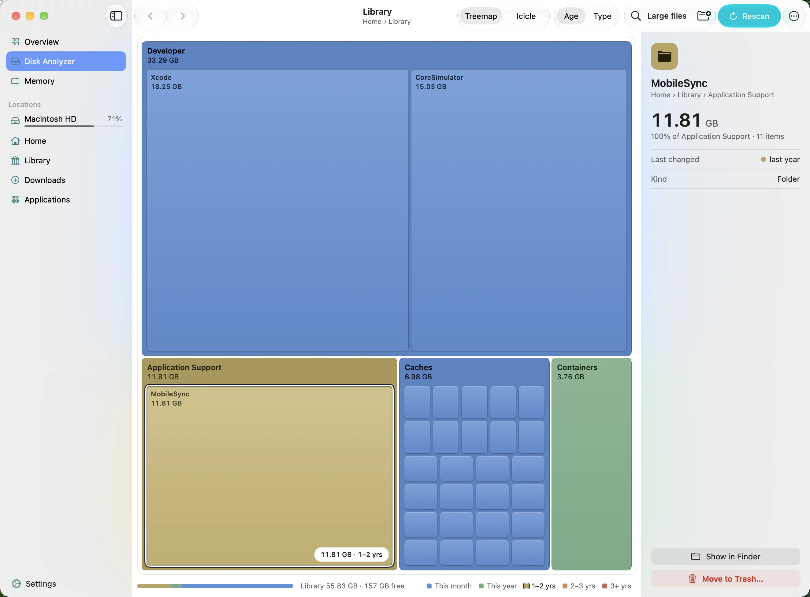 Klarity showing the Library folder: Xcode and simulators under Developer, and an 11.8 GB iPhone backup in MobileSync