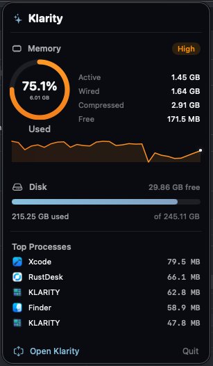 Klarity menu bar widget showing memory usage at 75.1%, mini timeline chart, disk space, and top processes with one-click access