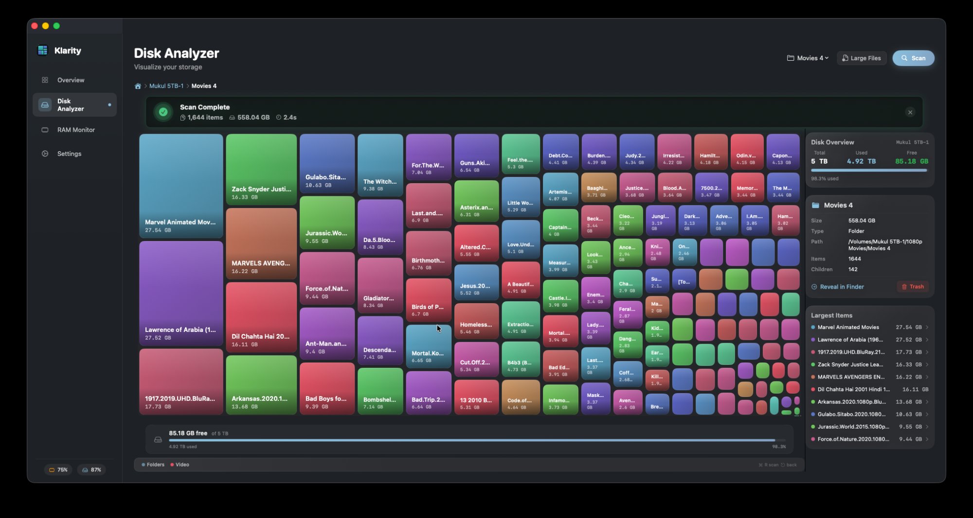 Klarity treemap visualization showing 1,644 files across a 5TB external drive, with scan complete banner and info panel